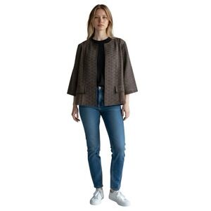Chicos Brown Textured Open Jacket Womens Size 2 (Fits L/12) Peplum Trim Workwear